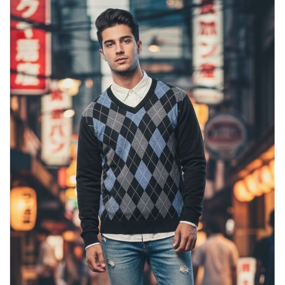 Travelsmith Men's Merino Wool Blend Argyle V Neck Sweater Size XXL Pullover Cozy